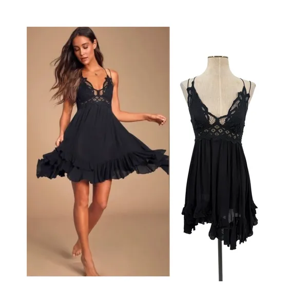Free People FP One Adella Slip Dress Black Crochet Lace Boho Mini Dress Size S - Image 2