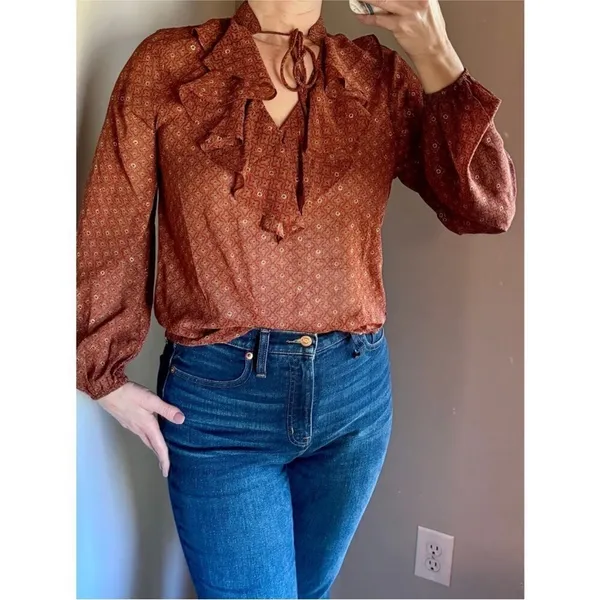 Molly Bracken western long sleeve sheer tie neck high neck ruffle blouse small - Image 5