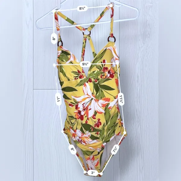 KONA SOL Boho Tropical Floral One Piece Swimsuit Yellow Hibiscus Print Small - Image 11