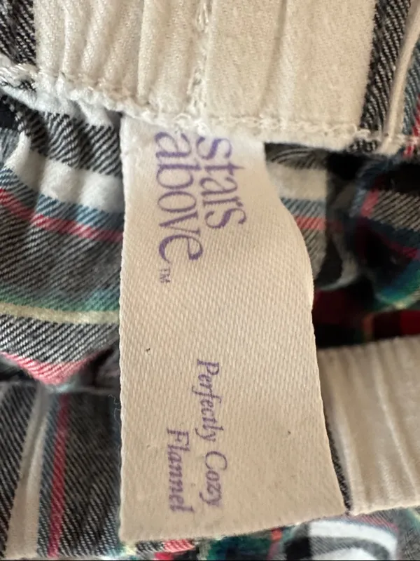 stars above White Plaid Pajama Pants with Green & Red Stripes. - Image 2