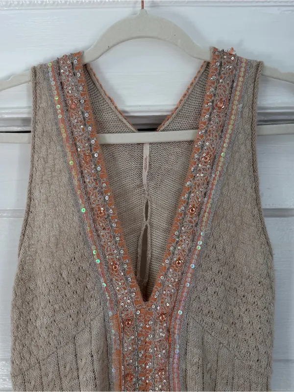 Free People Beaded Knit Mini Dress in Beige with Sequin Trim - Image 2