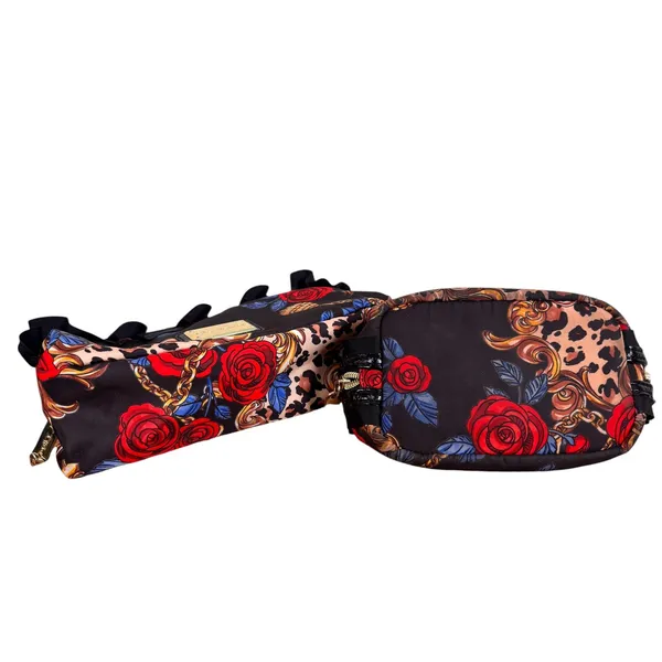 Betsey Johnson 2pc Cosmetic Bag Set Floral Leopard Ruffle Black Red Gold Rose - Image 4