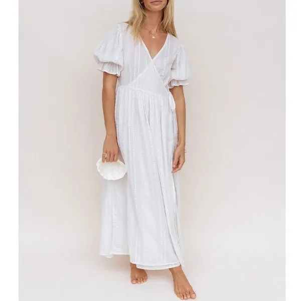 Daughters of India Uma Textured Cotton Wrap Maxi Dress White Size XL - Image 5