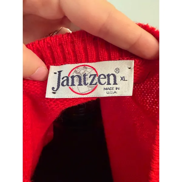 Vtg Jantzen Tomato Red Wool Knit Crewneck Sweater Vibrant Minimalist Pullover - Image 7