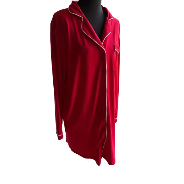 Red Button Front Nightgown Women's Medium Soft Pajama Sleep Shirt Pockets - Image 3