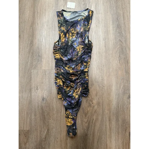 Free People Black Gold Flowered Sheer Stretch Sleeveless‎ Bodysuit Ladies S NWT - Image 2