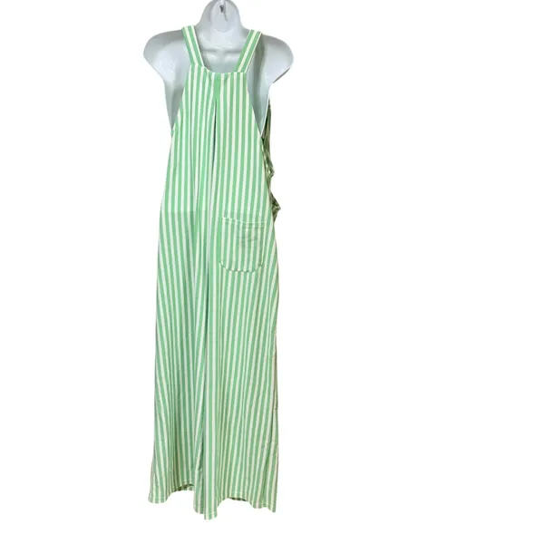 Halara Green White Striped Wide Leg Bib Overalls Pockets Medium Regular - Image 4