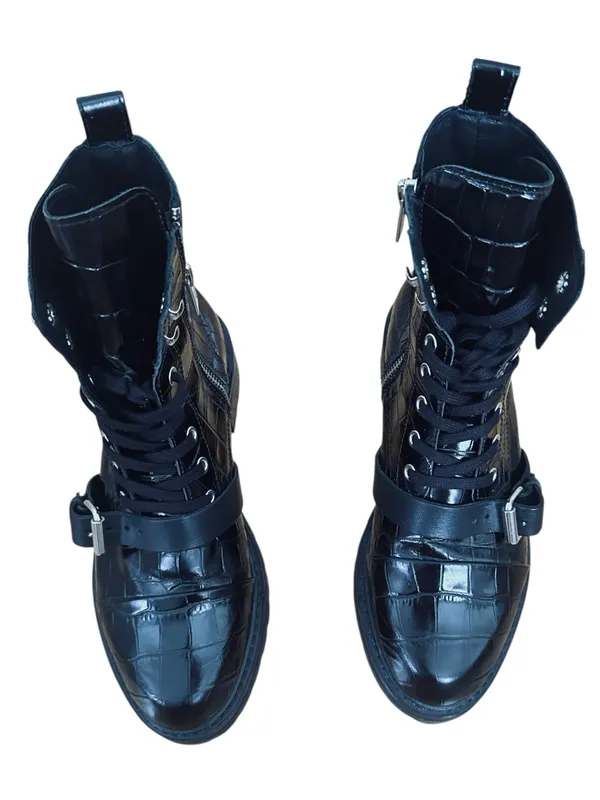 AllSaints Donita Croco Leather Combat Boots - Image 6