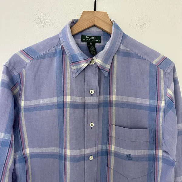 Vintage 100% LInen Lauren Ralph Lauren Button Down Shirt Sz M Plaid Preppy Indie - Image 2