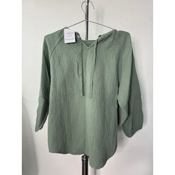 Alice Walk Top Green Organic Cotton Gauze Tie Back Long Sleeve Blouse M - Image 3