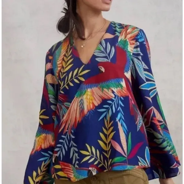Farm Rio Kaia Blouse Small Tropical Birds Parrots Wide Sleeves Coastal Beachy - Image 2