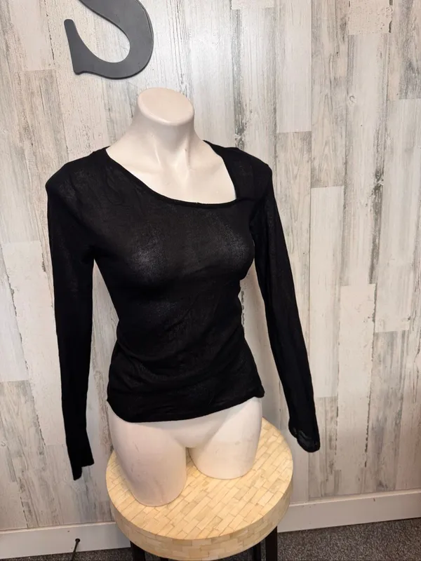 ZARA Asymmetric Cutout Ruched Long Sleeve Top Womens S Black Shimmer Sheer - Image 7