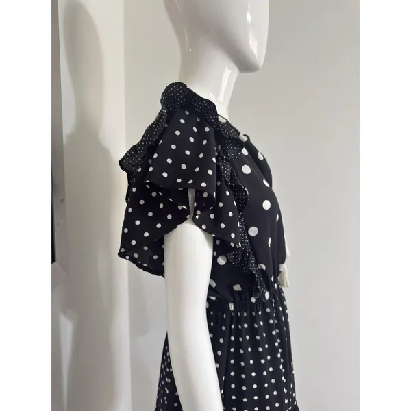 Zara Polka Dot Mini Dress Black White Ruffle Sleeve V-Neck Boho Summer Tassel XS - Image 5