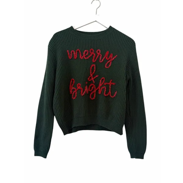 Queen of Sparkles Merry & Bright Christmas Sweater Green Size Large - Image 4
