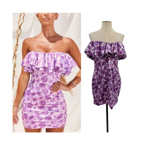 Oh Polly Show Me‎ Off Off Shoulder Ruffle Satin Mini Dress Lilac Floral US 8 NWT - Image 2