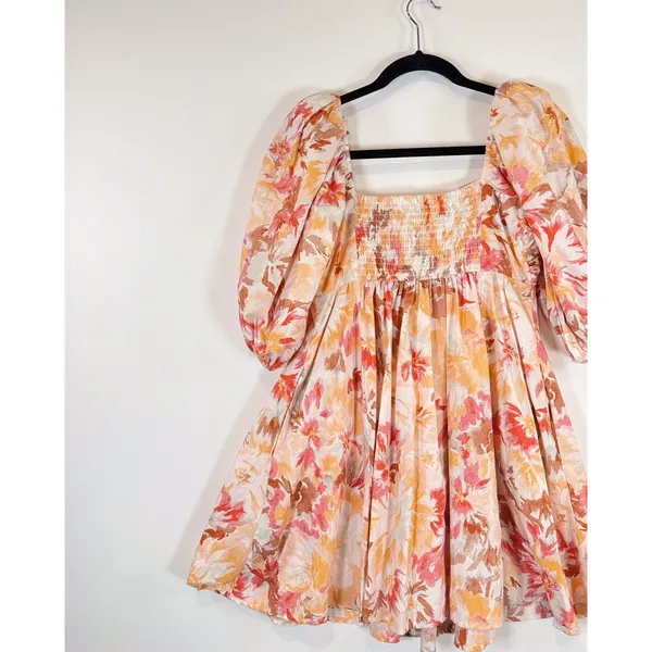 Abercrombie Fitch Womens Dress Peach Ruched Bodice Puff Sleeve Mini A Line Small - Image 8