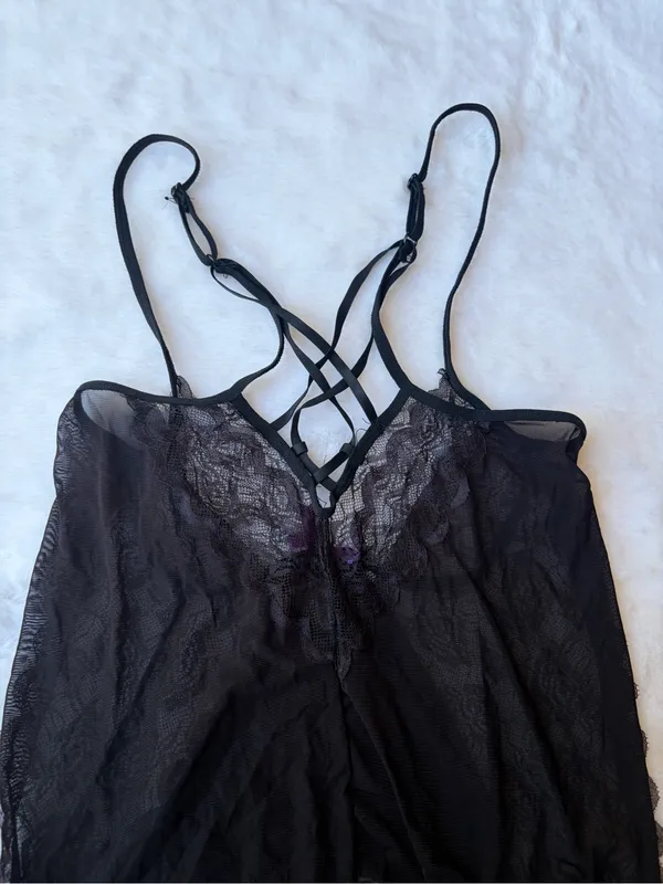 Y2K Black Lace Bow Slip Dress Sheer Mesh Babydoll Lingerie Nightgown - Image 3