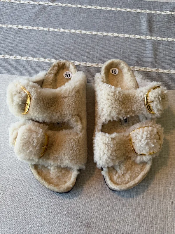 New Birkenstock Arizona Big Buckle Shearling Sandal Teddy Eggshell Size 41 US 10 - Image 5