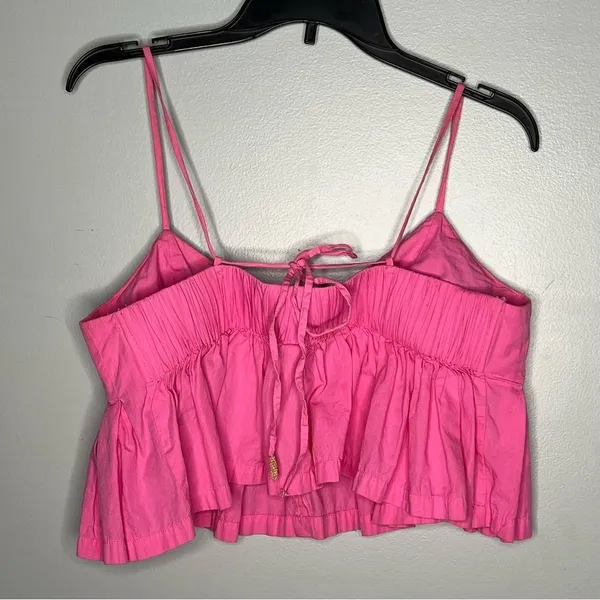 Free People Y2K Pink Ruffle Crop Top Sweetheart Bubble Hem Festival Vacation L - Image 4