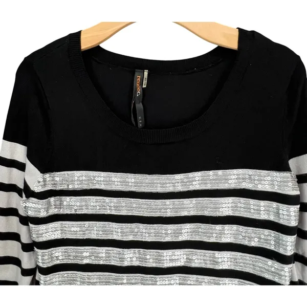 Renee C Sequin Sweater Dress Womens M‎ White Black Stripe Silver Party Holiday - Image 3