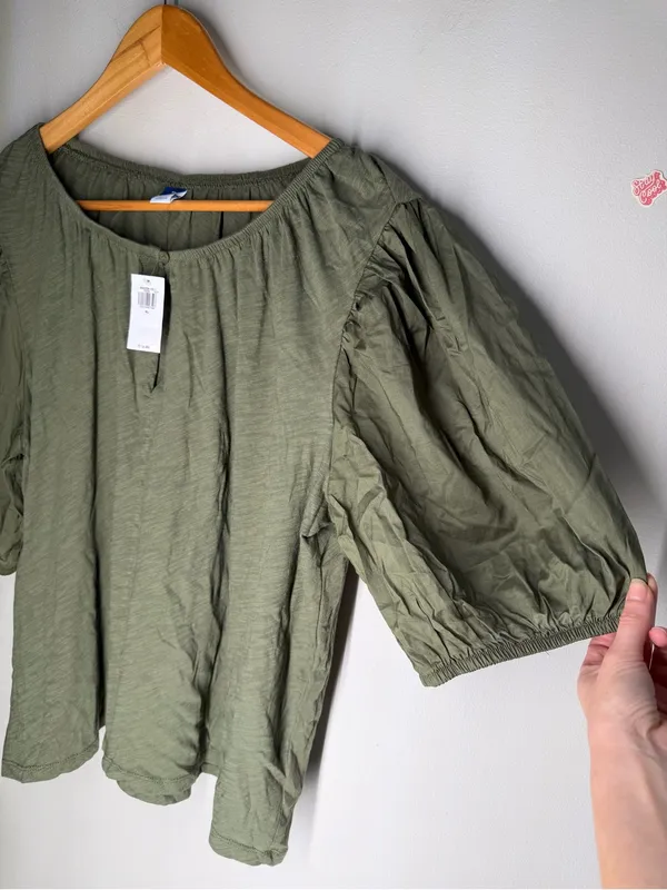 NEW Old Navy Boho Cottagecore Cotton Puff Sleeve Peasant‎ Blouse Olive Green XL - Image 6