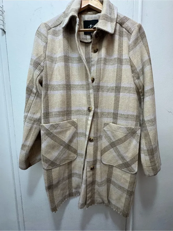 7 For All Mankind Wool-Blend Plaid Coat in Beige Medium - Image 3