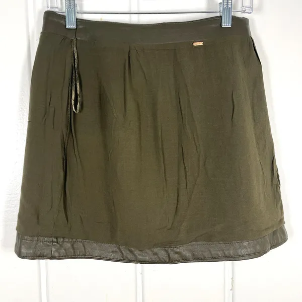 Free People Vegan Leather Moto Mini Skirt Y2K Boho Edgy Rocker Olive - Image 7