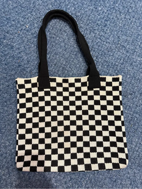 Black & White Checkerboard Knit Tote Bag - Stylish Everyday Carry - Image 3