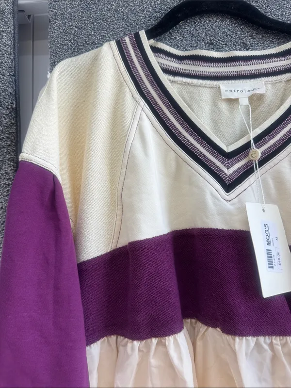 entro Cream V-Neck Top with Purple & Black Trim - Image 2