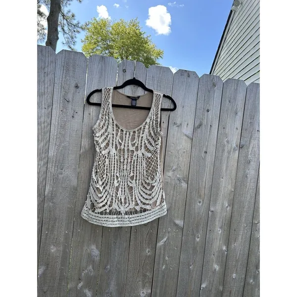 89th & Madison Lace Tank Metallic Thread Layer Crochet Sz Large Tank‎ Gold Fairy - Image 4