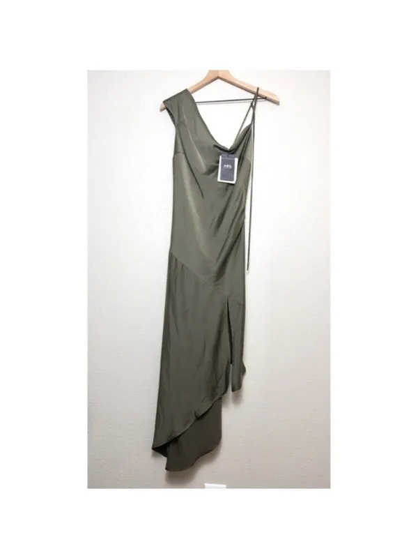 NWT ABS Allen Schwartz Everly Satin Drape Dress 2 Olive Green Slit One Shoulder - Image 4