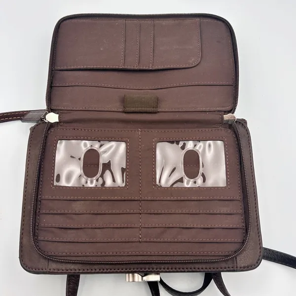 Vintage‎ Fossil Brown Leather Crossbody Organizer Wallet Bag Kiss Lock Y2K - Image 5