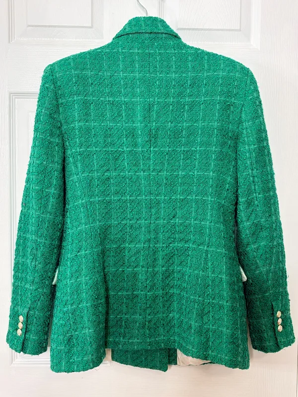 ZARA Green Bouclé Tweed Double Breasted Blazer Gold Button Quiet Luxury Preppy M - Image 3