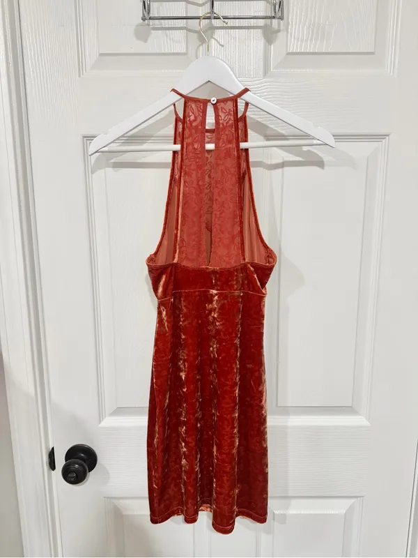 Intimately Free People XS Rust Crushed Velvet Halter Mesh Slip Mini Dress Boho - Image 5
