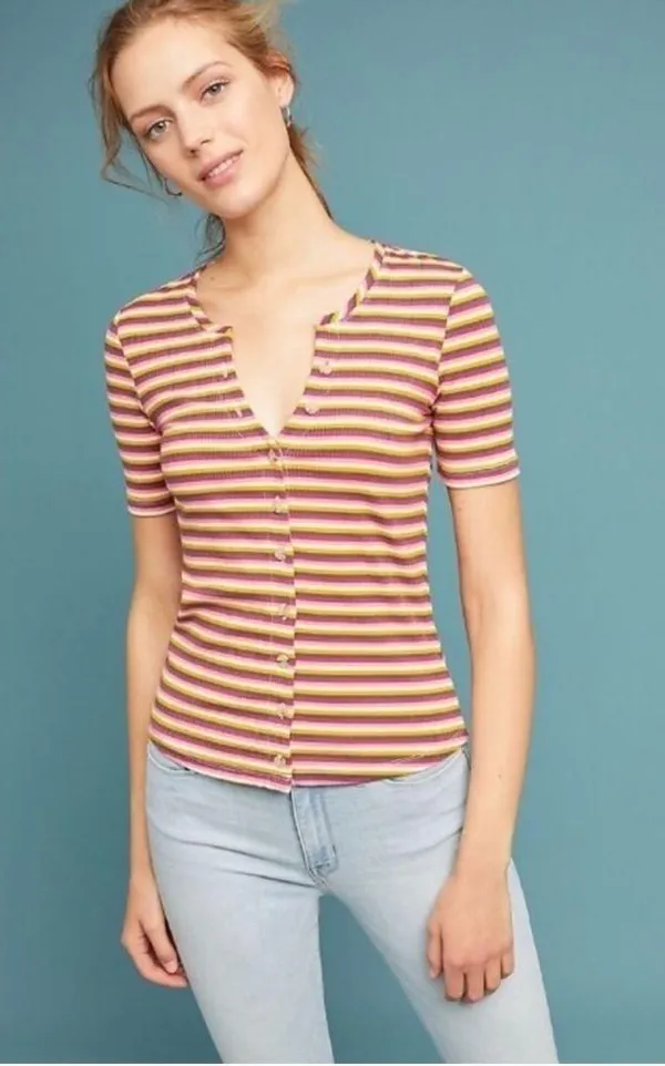 Maeve Anthropologie Ribbed Stripped Button Top - Image 3