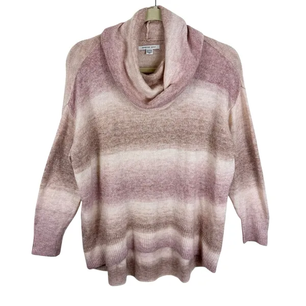 American Eagle Tan Cream Pink Striped Cowl Neck Hi Low Oversized Sweater Size XS - Image 2