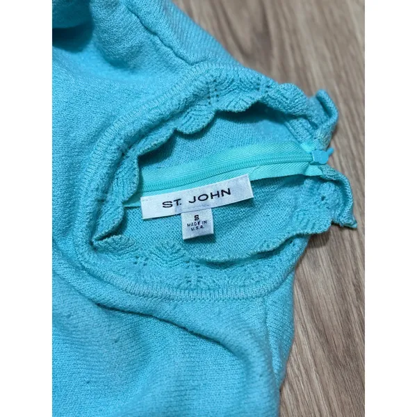 St.‎ John Turquoise Blue Knit Sleeveless Mock Neck Top Scalloped Trim Size S - Image 3