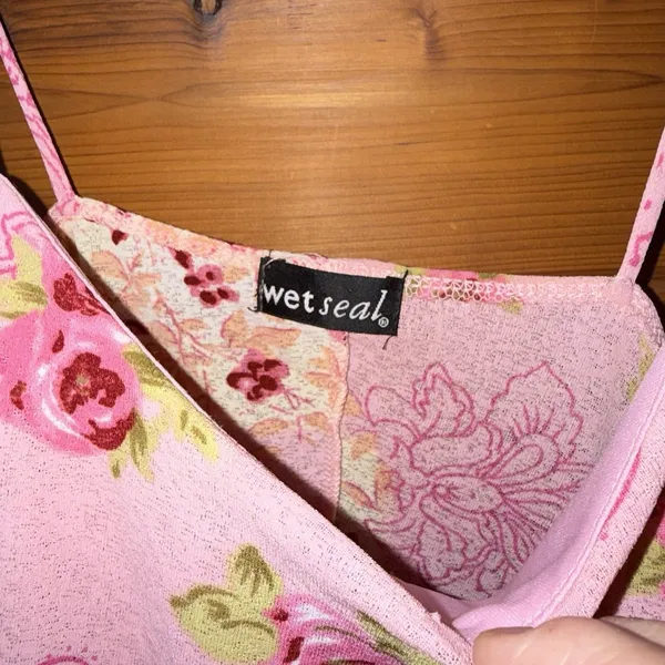 Y2K Wet Seal Pink Floral Tank Top Asymmetrical Lettuce Hem Fairy Mesh Medium - Image 4