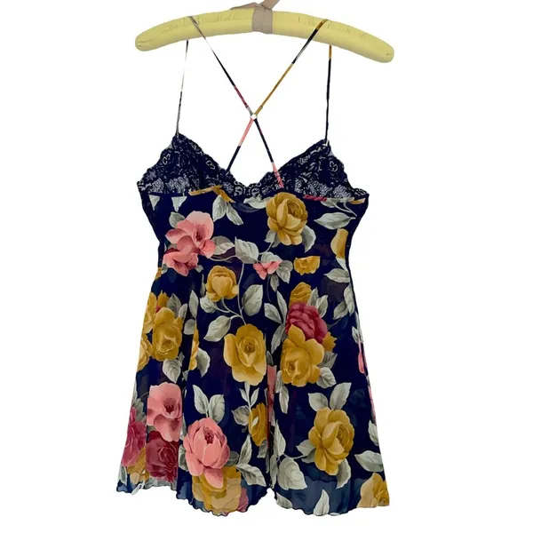 Victoria's Secret Sheer Blue Floral w/ Lacy Bust Chemise Babydoll Nightie size M - Image 2