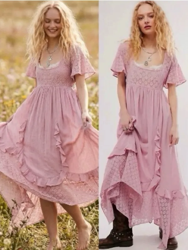 Free People Ethereal Bohemian Bring The Romance Midi Maxi Dress Blush Pink Small - Image 2