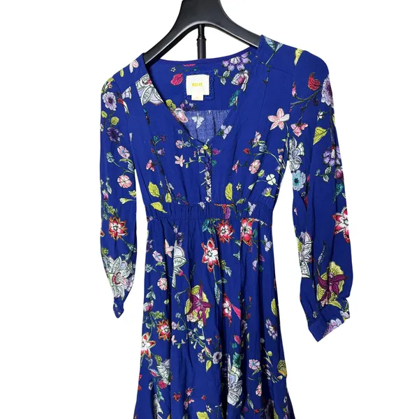 Maeve Anthropologie Floral Butterfly‎ Mini Dress Blue V-Neck Smocked Waist XS - Image 2