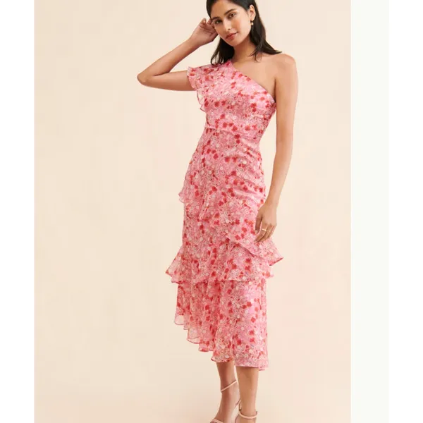 ASTR the Label Revolve One-Shoulder Pink Floral Ruffle Tiered Midi Dress Size M - Image 7