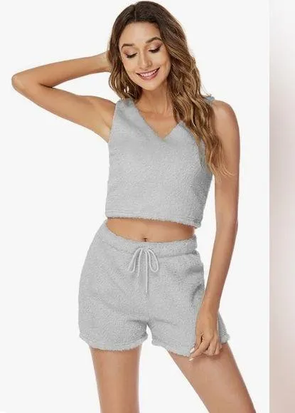 Womens Sexy Warm Fuzzy Fleece Cropped Lounge Two- Piece Set Size Small 🩶🩶 - Image 2