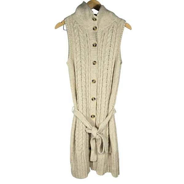 Ann Taylor LOFT Cream Cable Knit Long Sleeveless Cardigan‎ Vest Belted Medium - Image 3