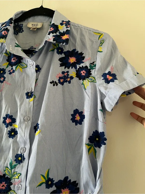 Eci Light Blue Floral Embroidered Pinstripe Shirt Button Up Mini Dress 4 Cottage - Image 3