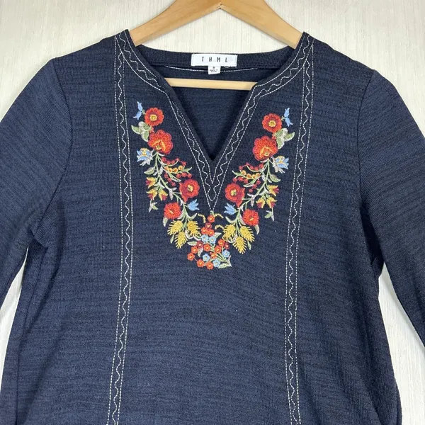 Anthropologie THML Womens Dress Sz S Embroidered Floral Boho Bell‎ Sleeves - Image 2