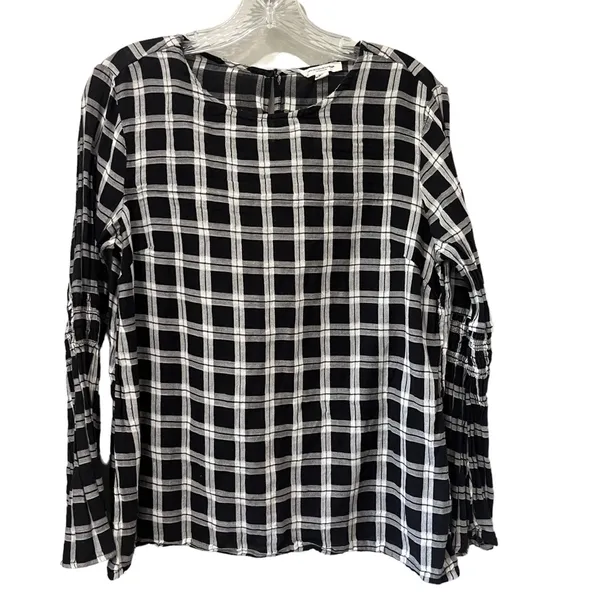 Beach Lunch Lounge Womens Size Medium Black White‎ Plaid Long Sleeve Peasant Top - Image 2