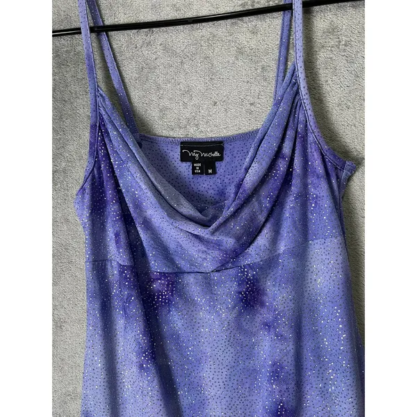 Vintage Y2K Purple Glitter Cowl Neck Mini Dress Spaghetti Strap Party Clubwear - Image 2