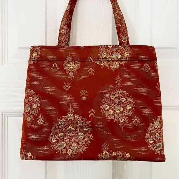 Vintage 90s Asian Boho Retro Orange Gold Top Handle Tapestry Mini Bag - Image 2