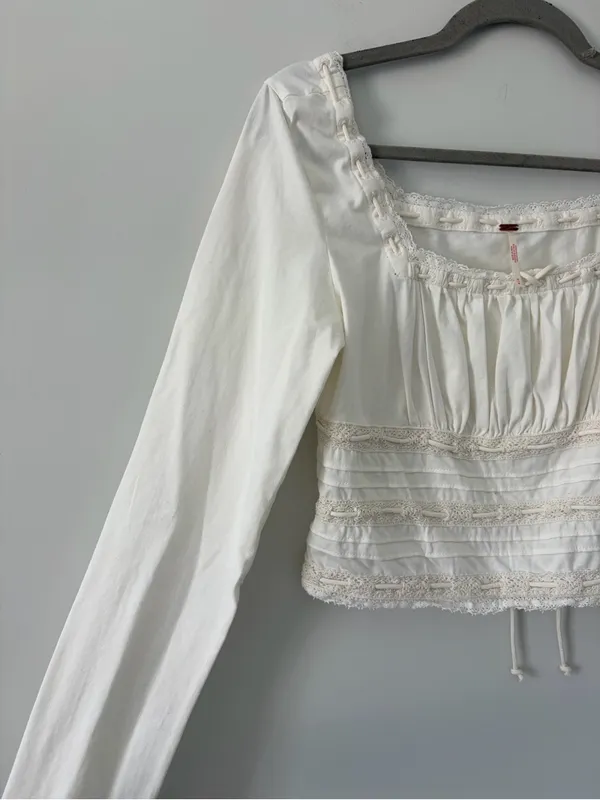 Free People Scarlet Smocked Milk Maid Long Sleeve Lace Trim Blouse Soft Ivory S - Image 4